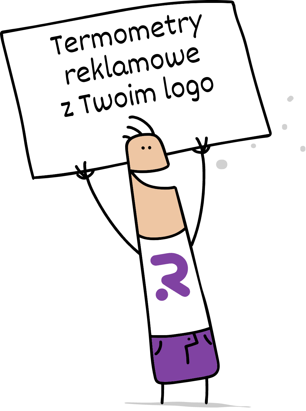 Buddy trzymający napis termometry reklamowe z Twoim logo